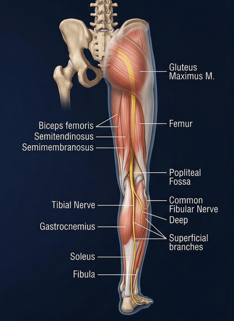 Anatomical chart of the sciatic nerve and muscles of the leg