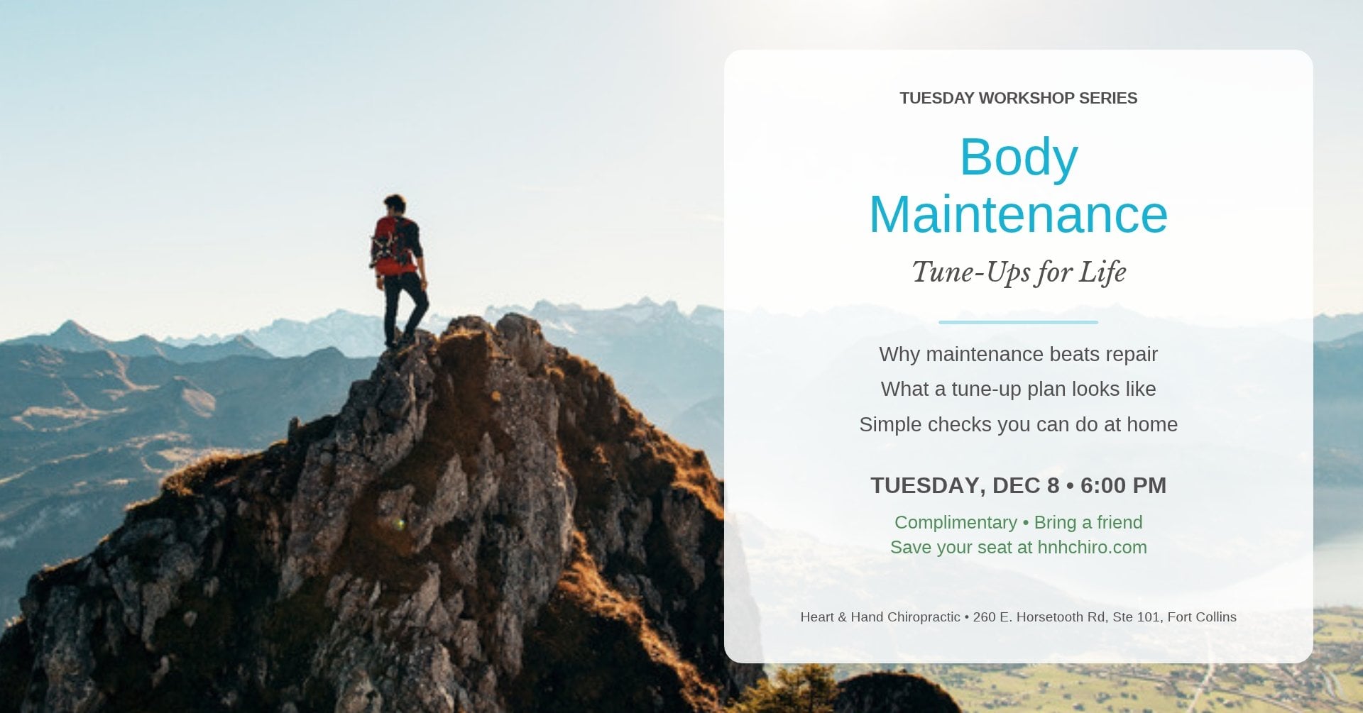 Body Maintenance Plan: Tune-Ups for Life workshop, Tuesday Dec 8, 2026 at Heart & Hand Chiropractic in Fort Collins